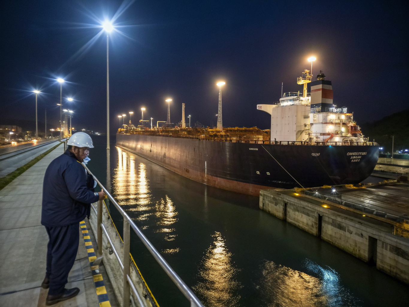 Oil tanker transiting Panama Canal as part of coordinated logistics